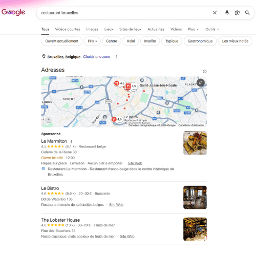Résultats Google pour une requête locale à Bruxelles